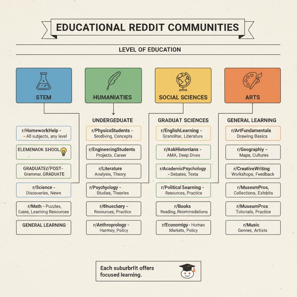 Graphic showing different educational subreddits relevant to community rules, educational subreddits, and posting guidelines