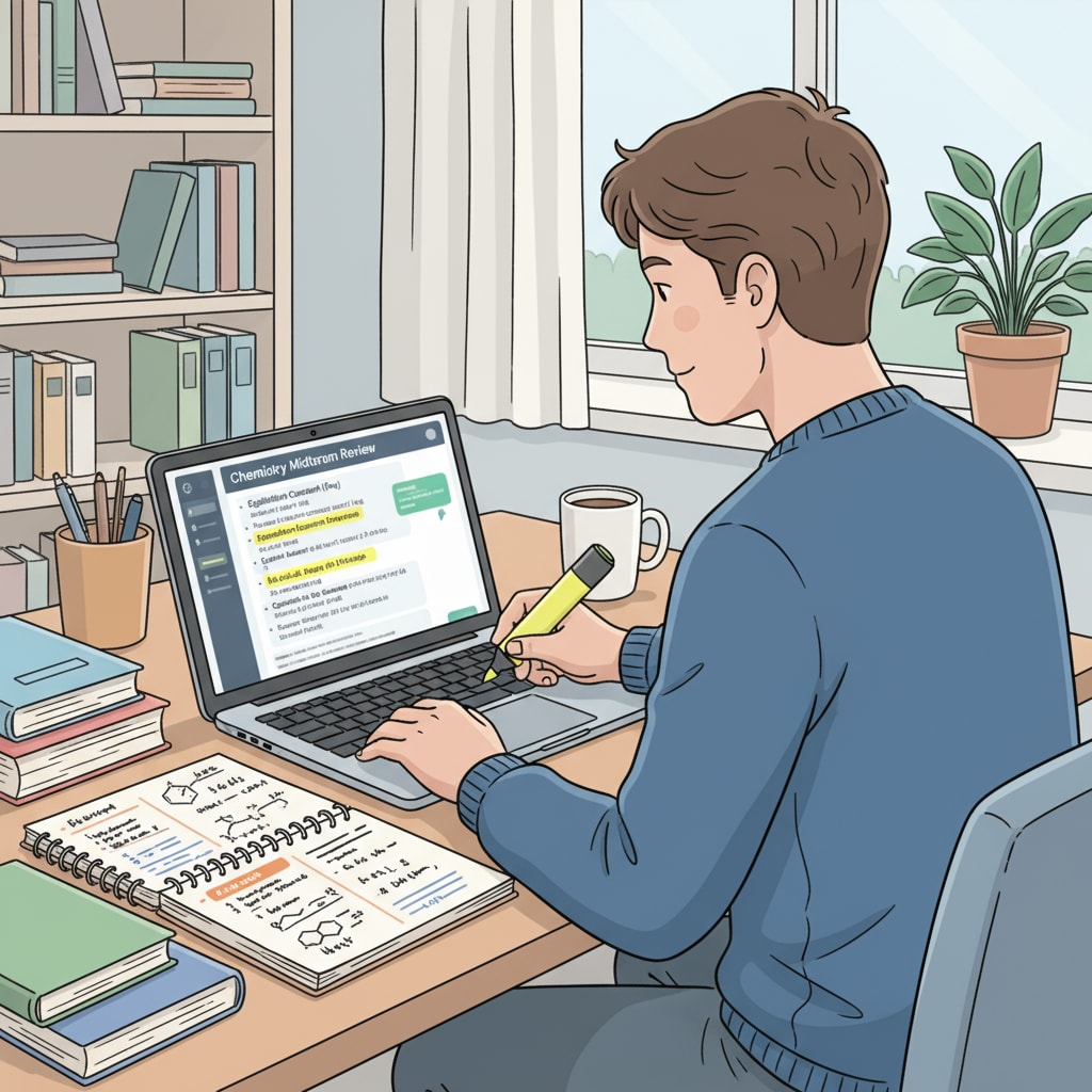 A student is sitting at a desk, looking at a laptop screen where ChatGPT is open, highlighting key points from study notes. A student using ChatGPT for exam preparation