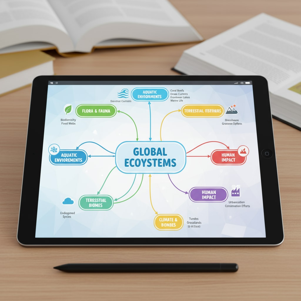 A colorful and detailed mind map on a digital screen, showing different branches of concepts related to a subject. An AI-generated mind map for study