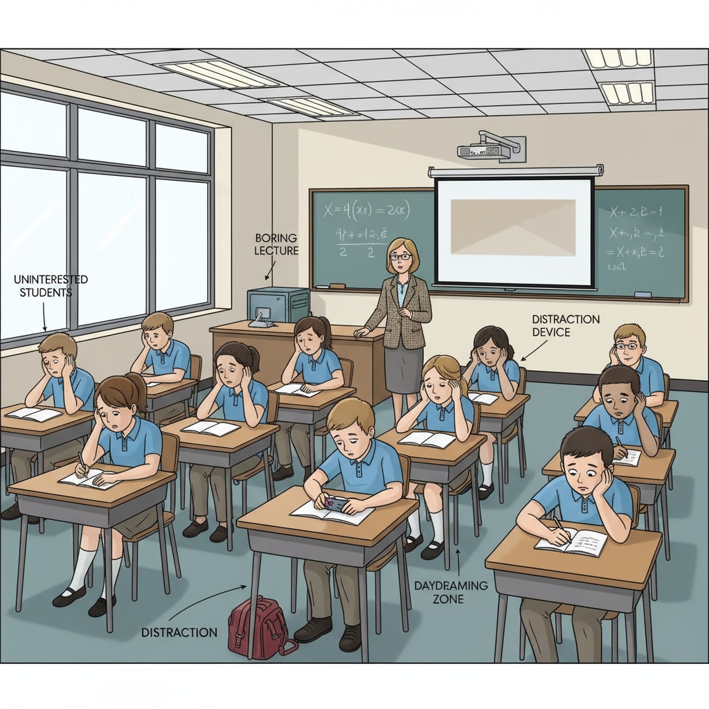 A classroom scene where students are sitting at their desks, looking bored and unengaged. A bored classroom scene showing the need for better teaching methods and student engagement in the education system.