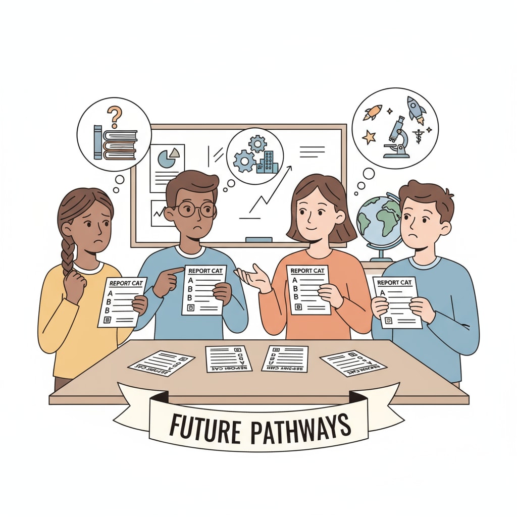 A group of students are engaged in a discussion about their future careers while looking at their report cards, showing different expressions of concern and hope. Students discussing career prospects in relation to their grades