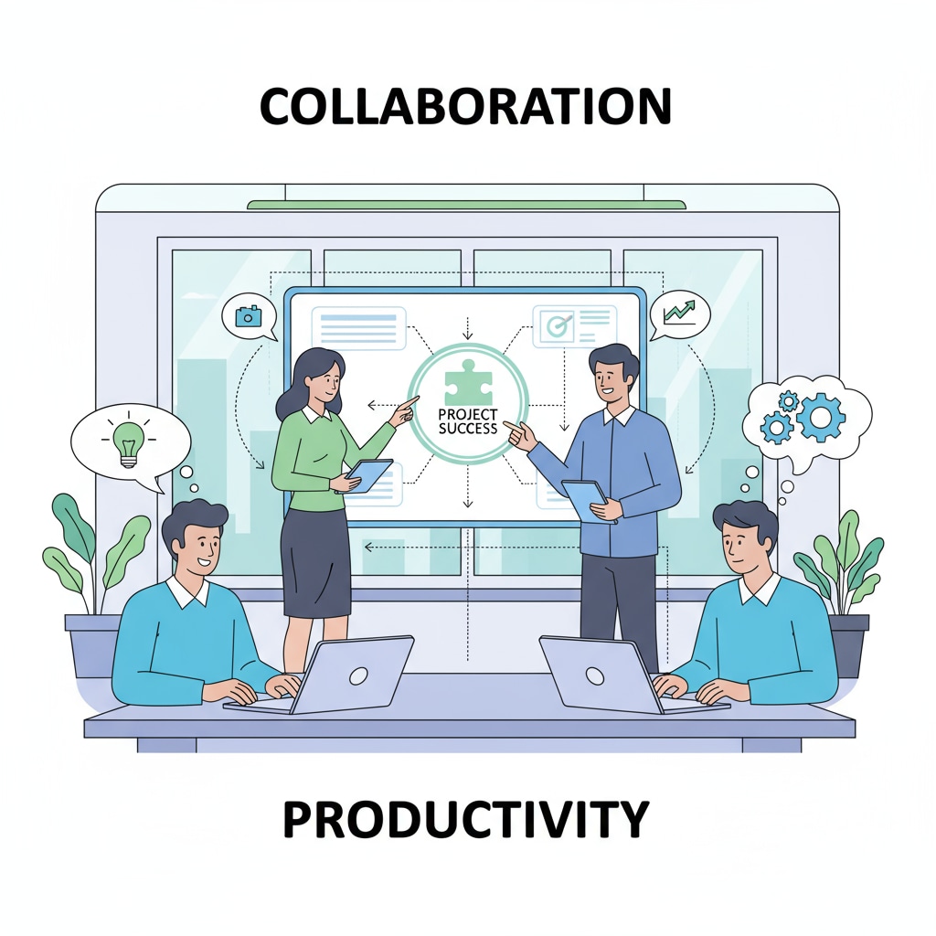 A group of employees are working together in a modern office setting, collaborating on a project, with an atmosphere of teamwork and productivity. Employees collaborating in a workplace environment related to employment skills