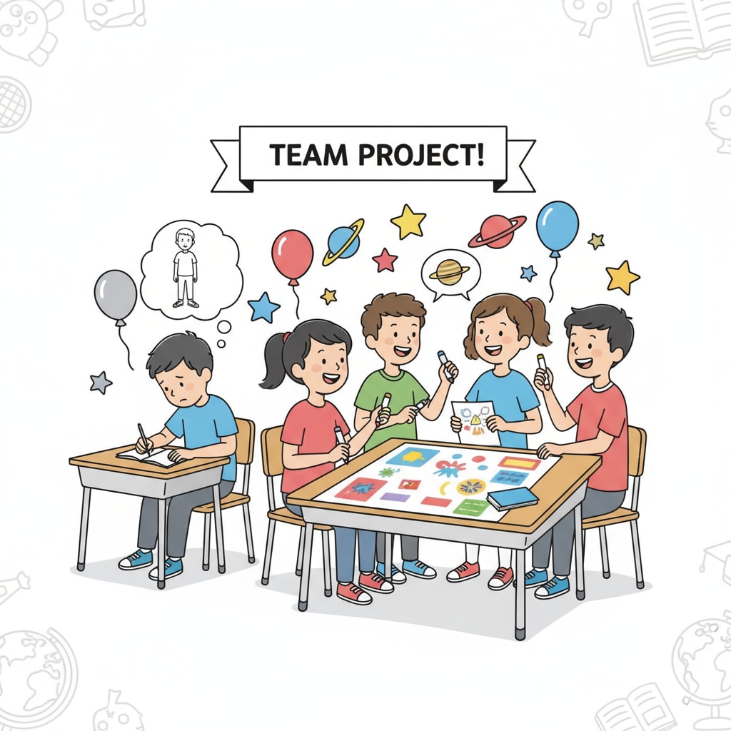 A scenario where a student is left out during a group activity in school, highlighting social exclusion. A student being left out, showing malicious behavior in school affecting interpersonal relationships