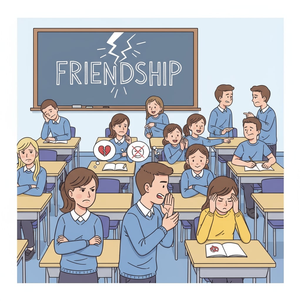 A classroom setting where students seem tense due to negative interpersonal relationships. Classroom scene depicting the negative impact of malicious behaviors on interpersonal relationships