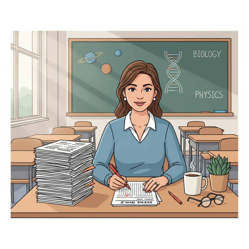 A teacher is sitting at a desk, grading a stack of traditional written tests. Teacher grading traditional assessment tests to measure student abilities