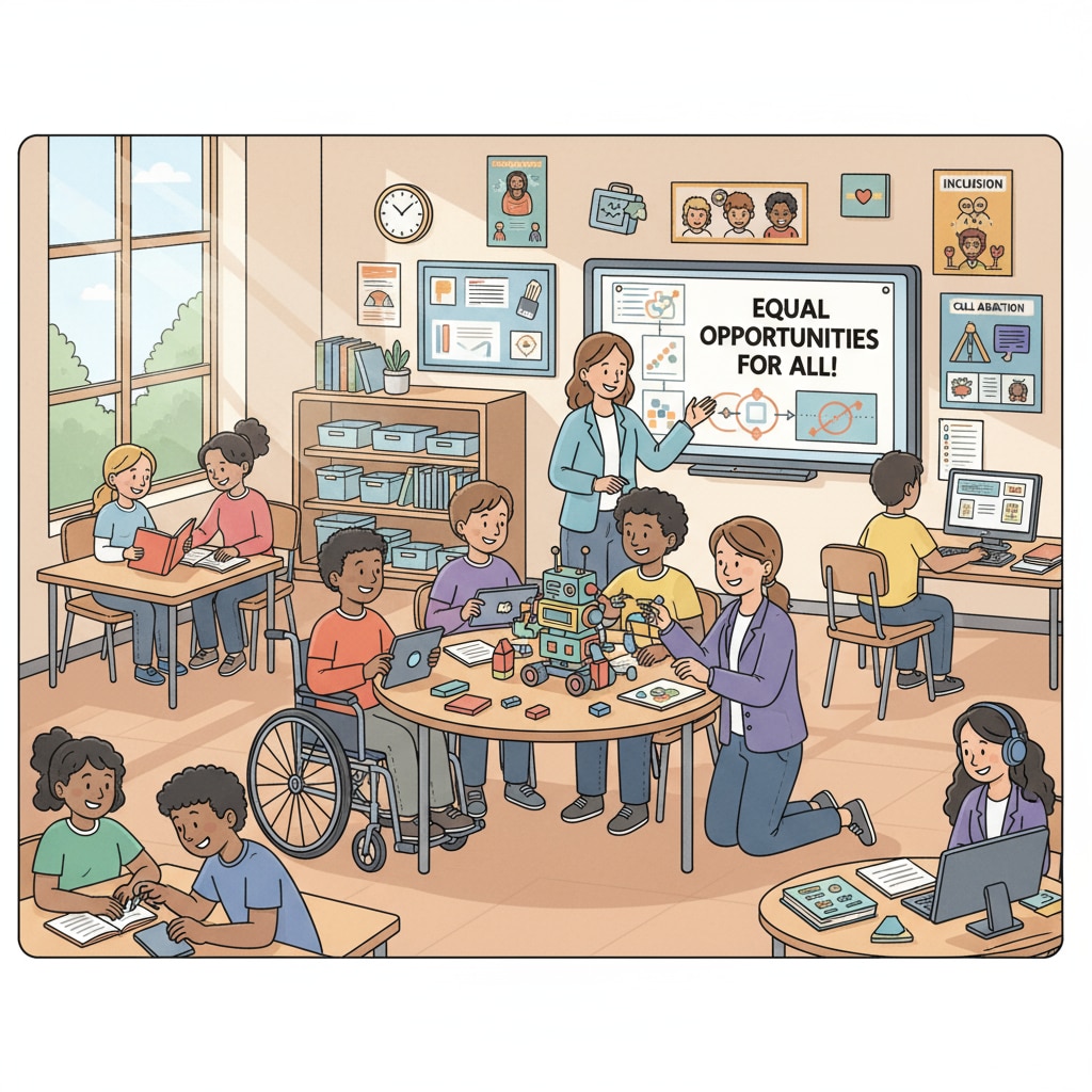 In a classroom setting, special education students and teachers are collaborating in an inclusive environment, promoting equal treatment and opportunities. Classroom with special education students and teachers working together for inclusive education, related to autonomous choice and equal treatment