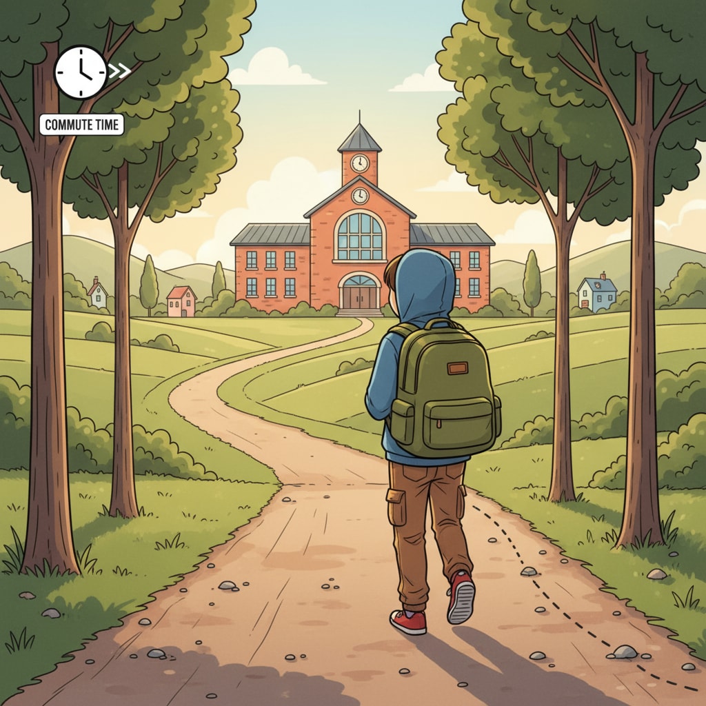 A child is walking towards a school building in the distance, with a backpack on. This represents the journey of going to school, which is related to the commute time aspect in school selection. A child walking to school, related to private schools, commute time, and school selection