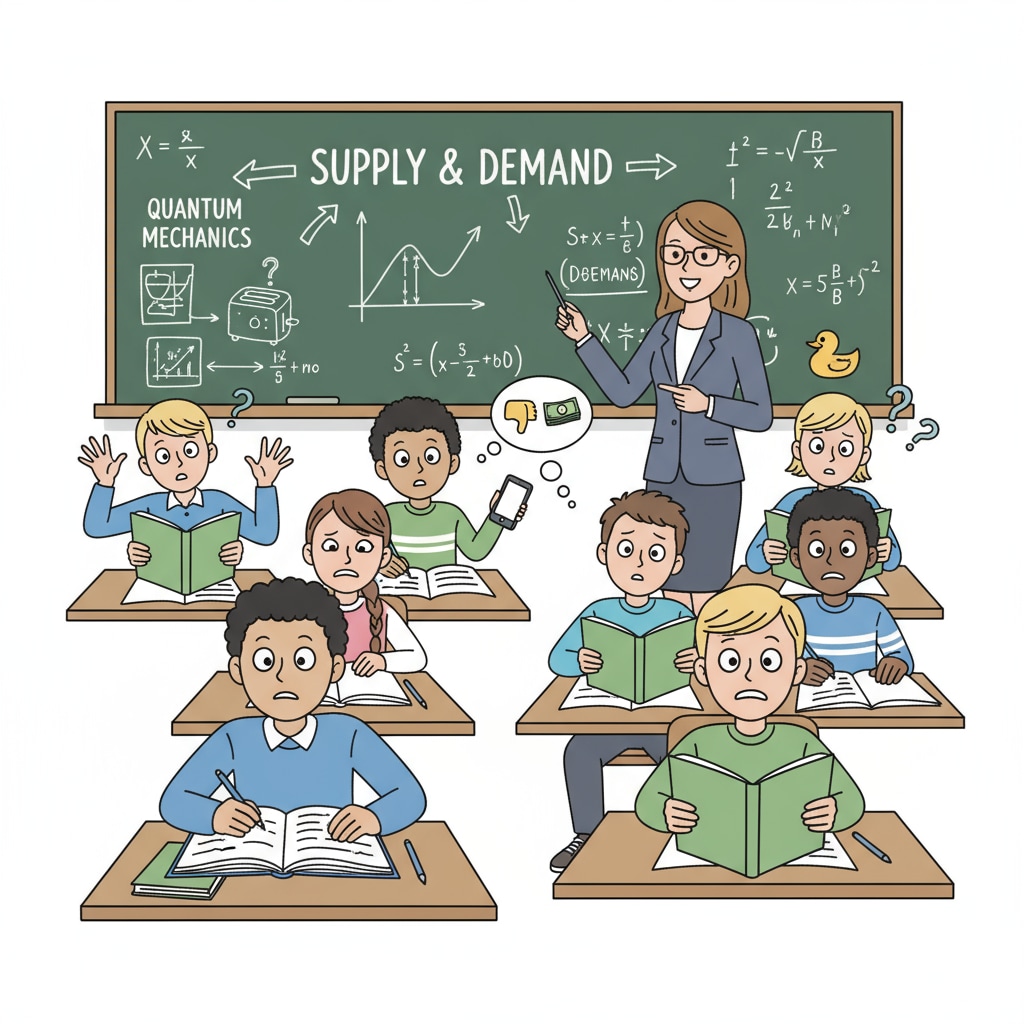 A classroom scene where students are listening to the teacher and taking notes, but with a confused look on their faces, indicating the disconnection between what they are learning and real life. Classroom scene showing disconnection between school education, practicality, and learning content