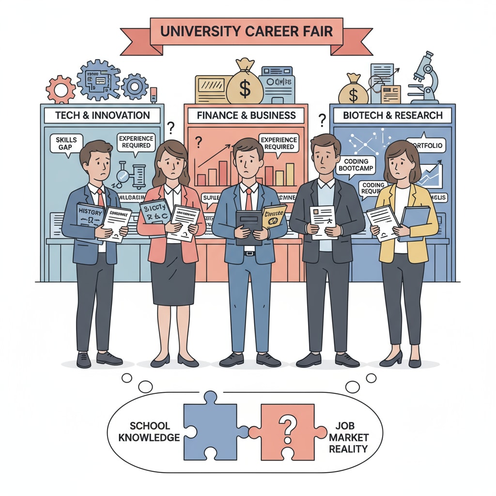 A group of students standing in front of a career fair, looking confused and lost, as they realize the knowledge they've learned in school may not fully prepare them for the job market. Students at a career fair showing the impact of the disconnection between school education, practicality, and learning content