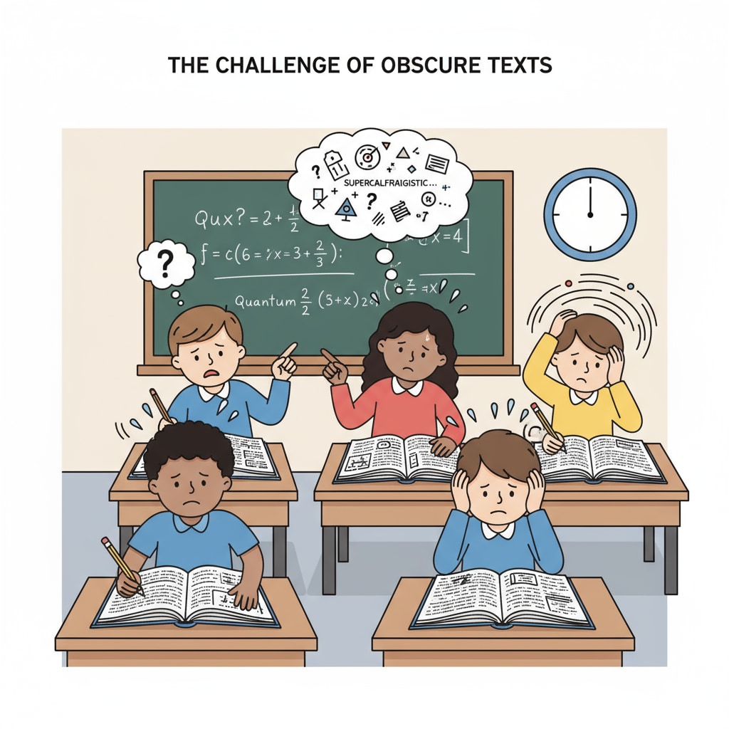 A group of students sitting at desks, looking confused as they try to read and understand a difficult textbook passage. Students struggling with reading comprehension, highlighting the issue of functional illiteracy in education.