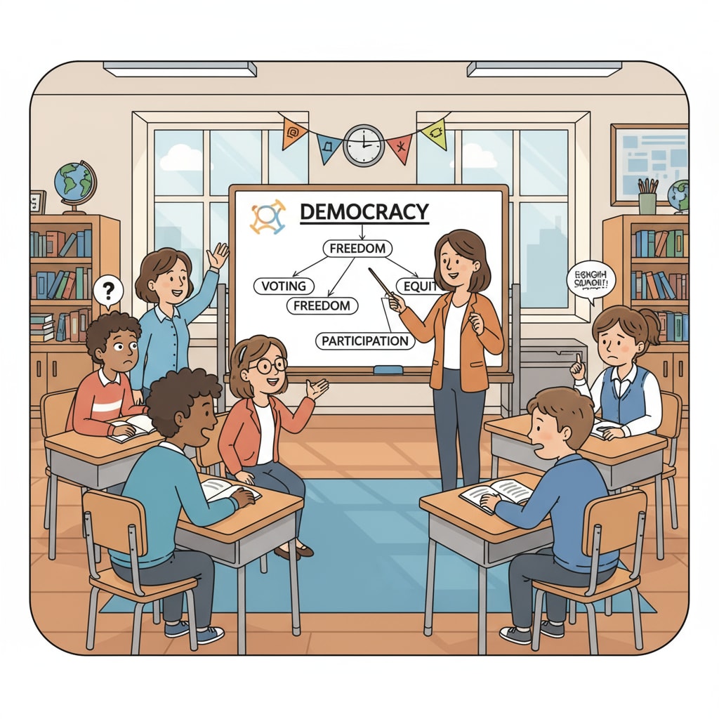 A classroom scene where students are engaged in a discussion about democracy, but some students seem lost and unable to fully participate. Classroom discussion on democracy showing the impact of functional illiteracy on democratic participation.
