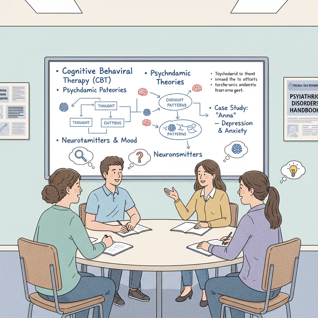 A group of students engaged in a discussion within a university classroom setting, with topics related to psychiatry, including whiteboards filled with notes about mental health theories and case studies. Students discussing psychiatry in a Florida university classroom as part of their doctoral education preparation