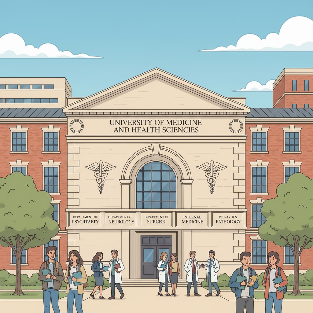 A view of a university campus building with prominent signs indicating various medical education departments, including psychiatry, suggesting a hub for learning and research in the field. University campus building in Florida dedicated to medical education, relevant to psychiatry doctoral studies