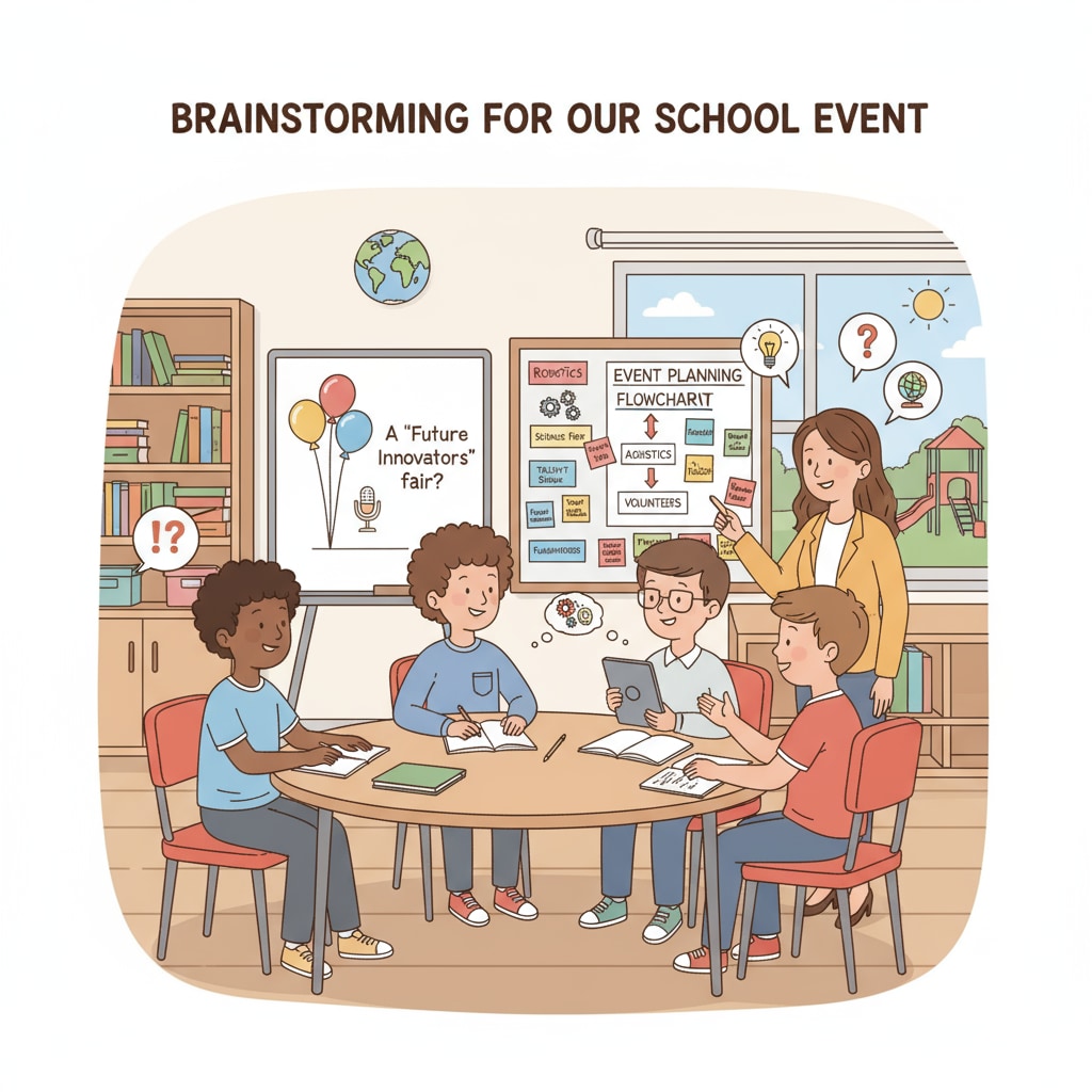 A group of students in a K12 classroom brainstorming ideas for an event. They are gathered around a table, discussing themes, activities, and logistics. K12 students brainstorming for event planning, related to event planning, professional certification, and communication degree