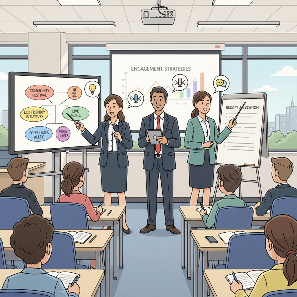 Students presenting their event ideas using communication skills. They are standing in front of a class, using visual aids and speaking clearly to convey their plans. Students presenting event ideas with communication skills, relevant to event planning, professional certification, and communication degree