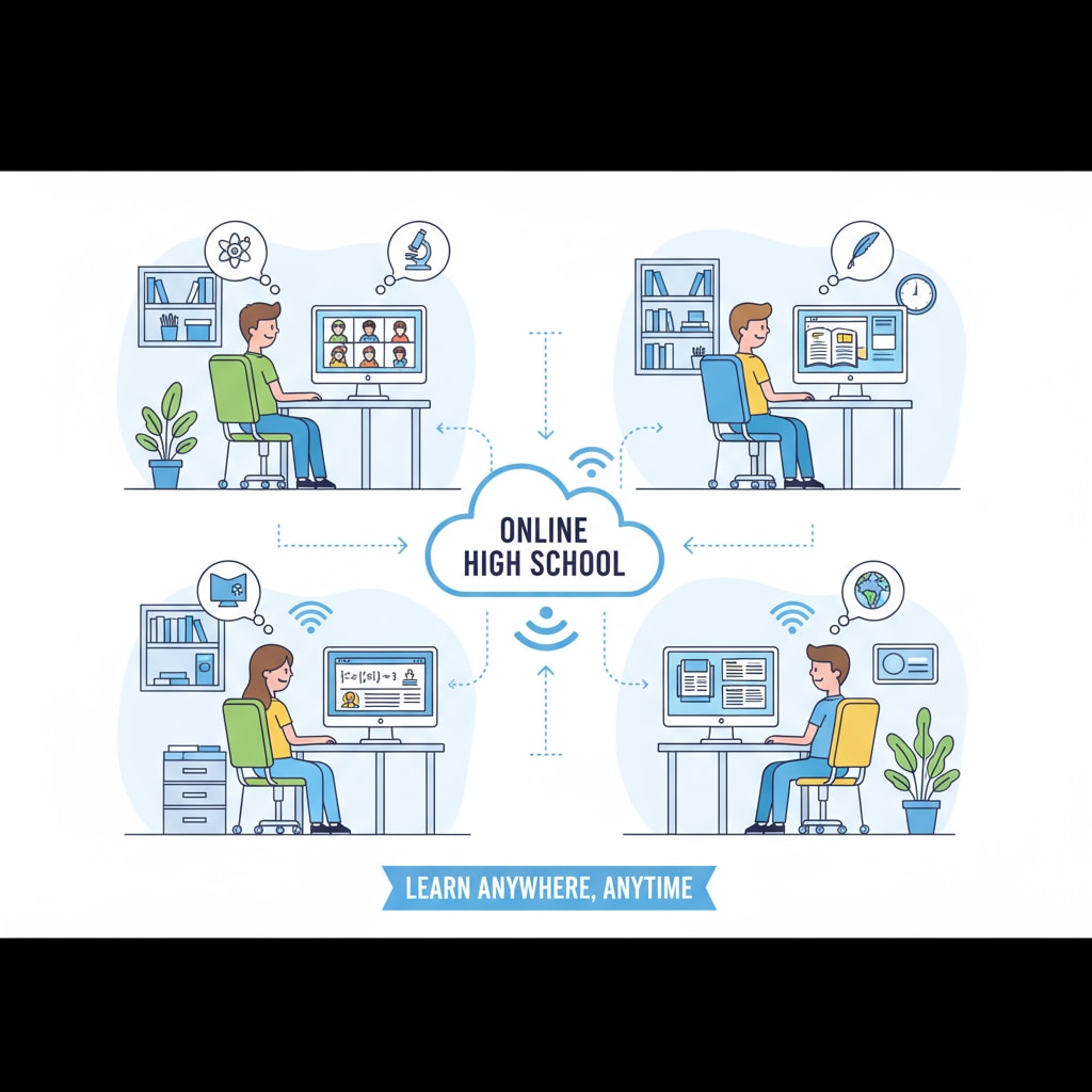 A group of students are attending virtual classes through their computers, showing the online learning environment of an online high school. Online high school students attending virtual classes for college admissions