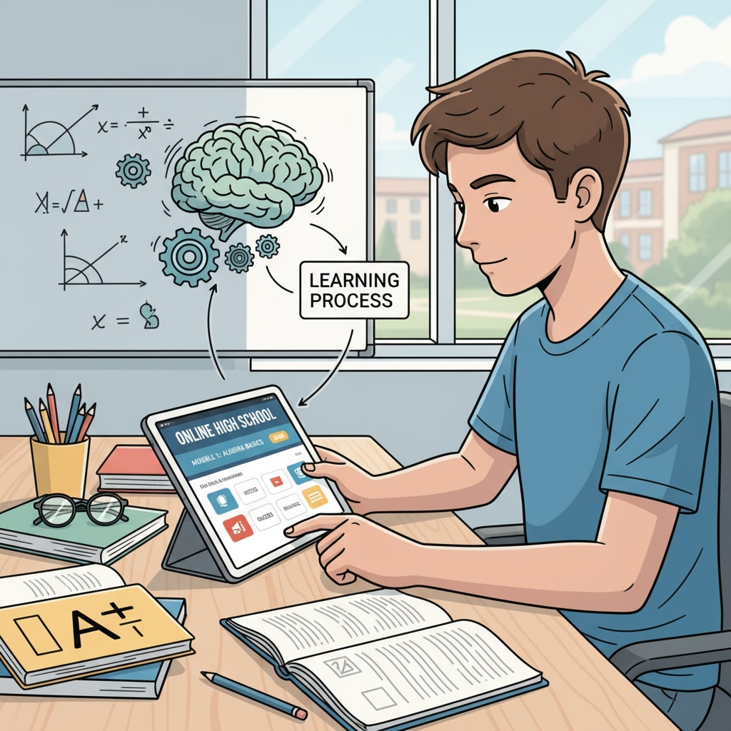 A student is sitting at a desk, carefully reviewing course materials provided by an online high school, highlighting the learning process. Student reviewing course materials of an online high school for college admissions