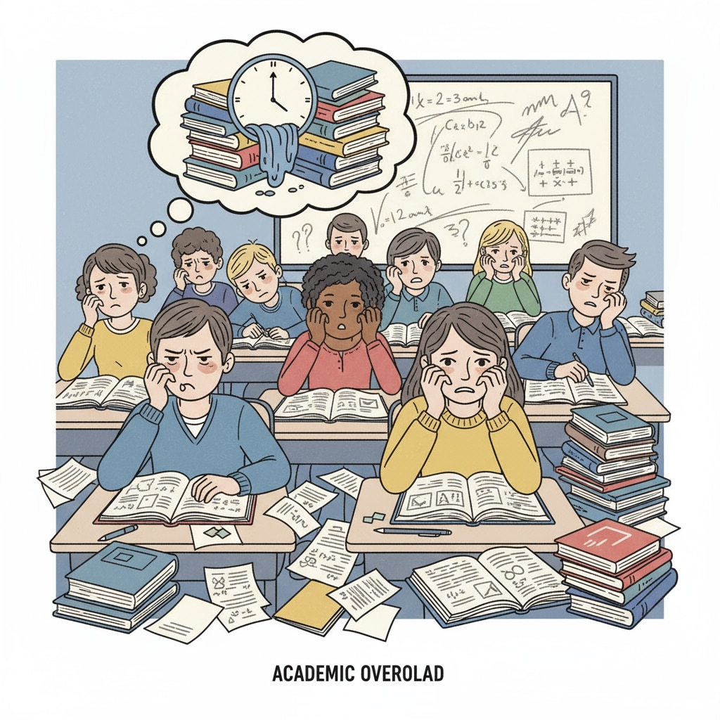 A classroom scene with students looking worried, indicating academic stress Students under academic stress in a classroom related to academic dismissal, student failure, and university impact