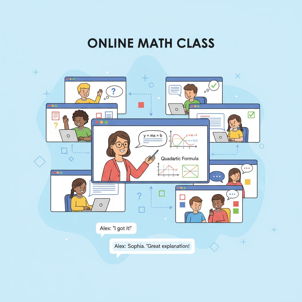 Online math class with students interacting via digital screens in the context of mathematics degrees, distance education, and online courses