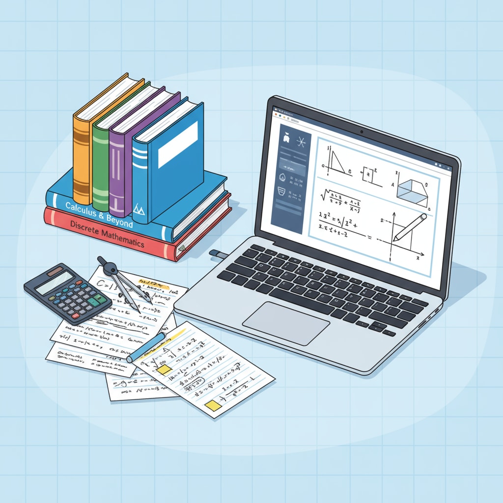 Student studying math online with textbooks and notes in relation to mathematics degrees, distance education, and online courses