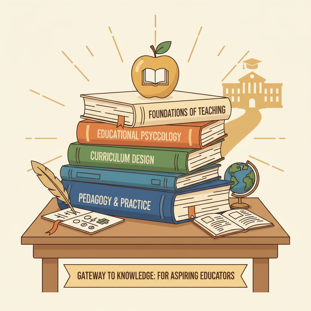 A stack of classic educational textbooks neatly arranged on a wooden table, symbolizing the wealth of knowledge they hold for those entering the education field. Stack of classic educational textbooks related to education,入门教材,经典推荐