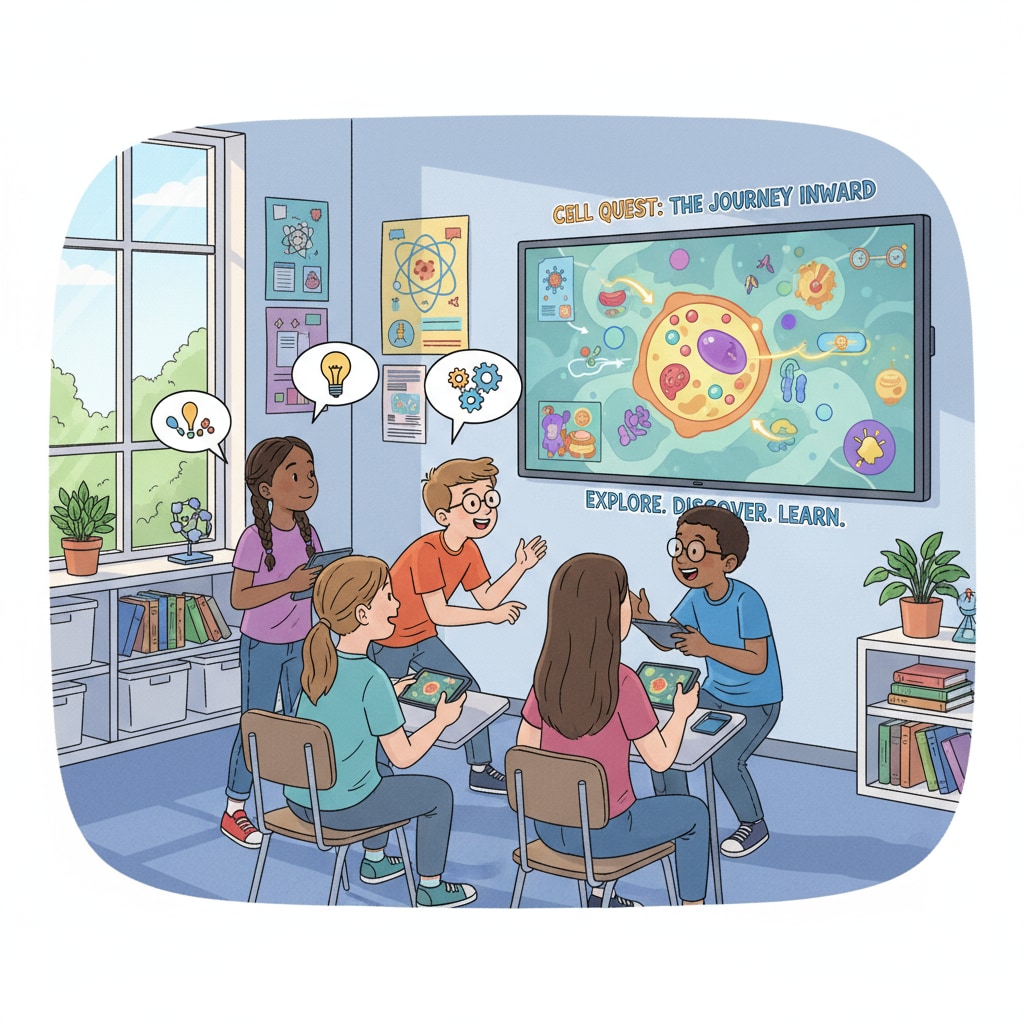 A group of middle school students are gathered around a screen, playing an educational video game. They are interacting with each other and seem engaged in the game. Middle school students playing an educational video game related to video games, teacher training, and secondary education