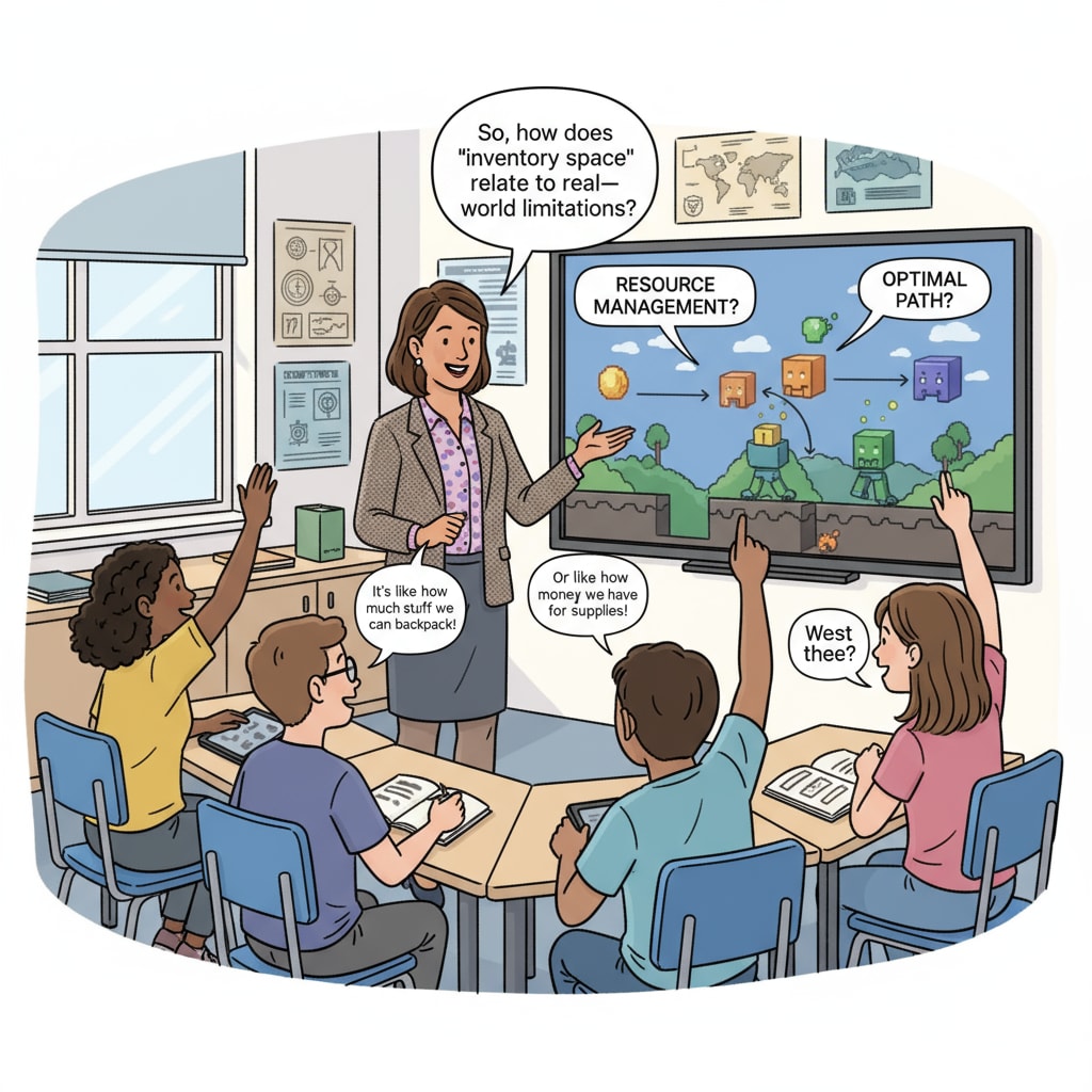 A teacher is standing in front of a group of students. They are having a discussion about a concept from a video game. The students are actively participating in the conversation. Teacher and students discussing video game concept in the context of video games, teacher training, and secondary education