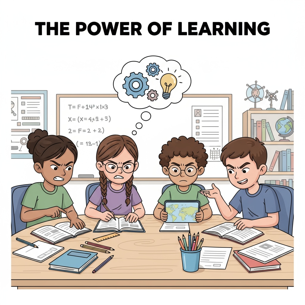 A group of K12 students are sitting around a table, studying with focused expressions, showing their determination to learn. K12 students demonstrating learning motivation, persistence, and taking small steps in their study