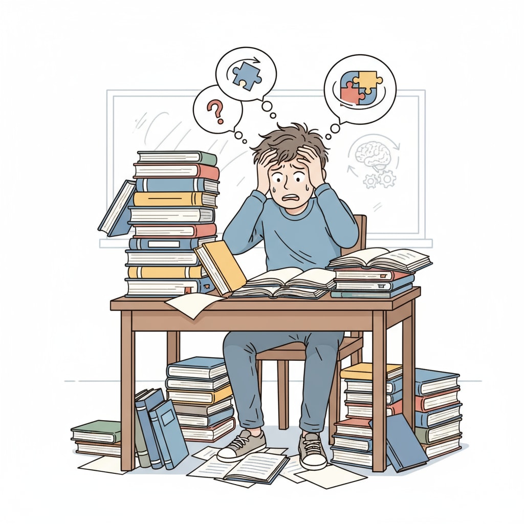 A student is sitting at a desk with a pile of books around. The student has a stressed look on their face, indicating the pressure and psychological barriers in learning. A K12 student facing psychological barriers in learning, related to learning motivation, persistence, and small steps
