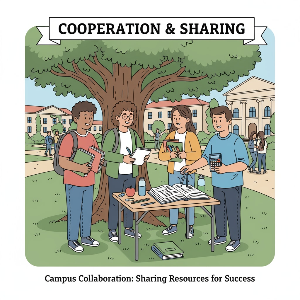 A group of students are engaged in a friendly conversation while sharing school supplies on campus, showing the spirit of cooperation in in-school item sharing. Students sharing school supplies on campus for extra income and educational benefits