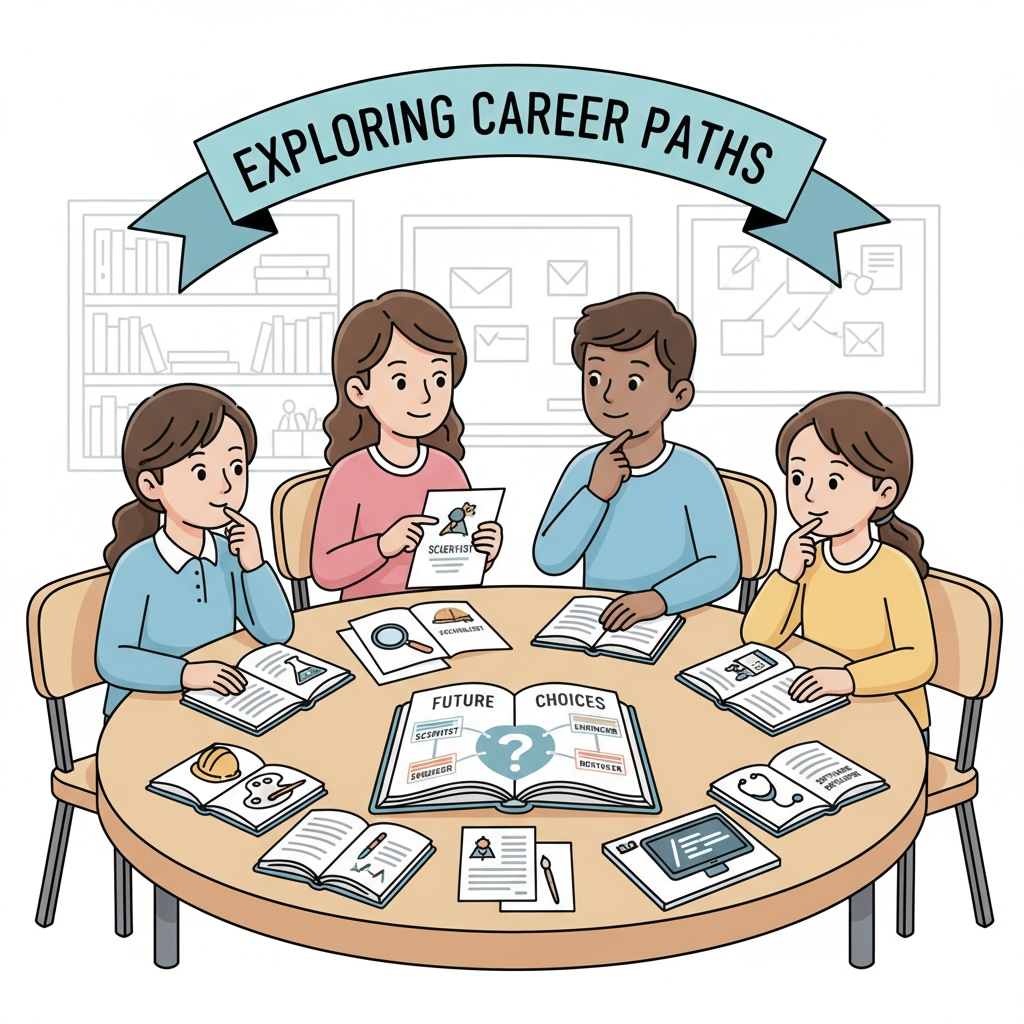 A group of K12 students are gathered around a table, engaged in a discussion about their future career choices. They are looking at books and papers related to different professions. K12 students discussing forensic psychology, college majors, and career planning