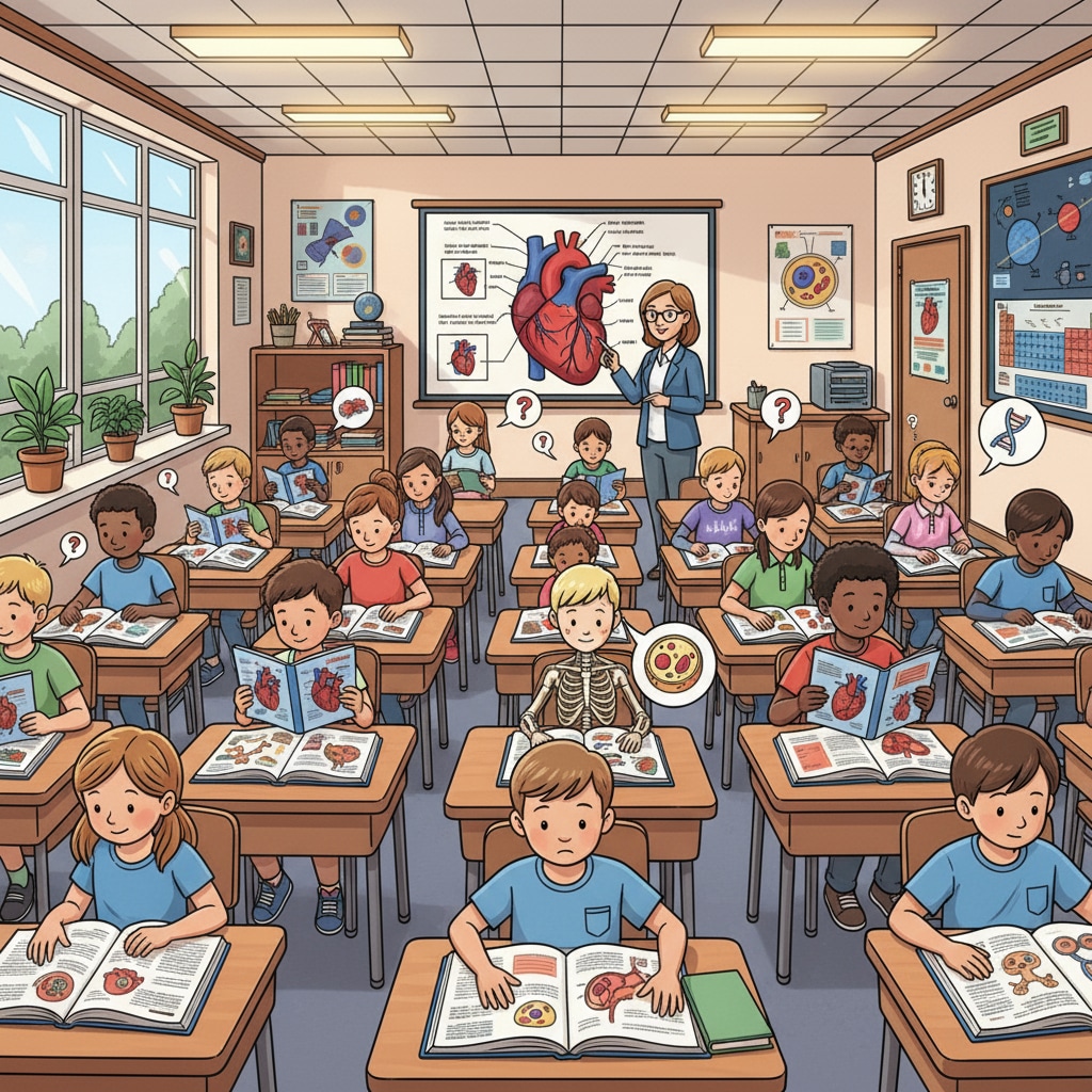 In a K12 classroom, students are sitting at their desks, intently studying science textbooks. There are diagrams and illustrations related to human biology on the pages. K12 students building a foundation for forensic psychology through science studies