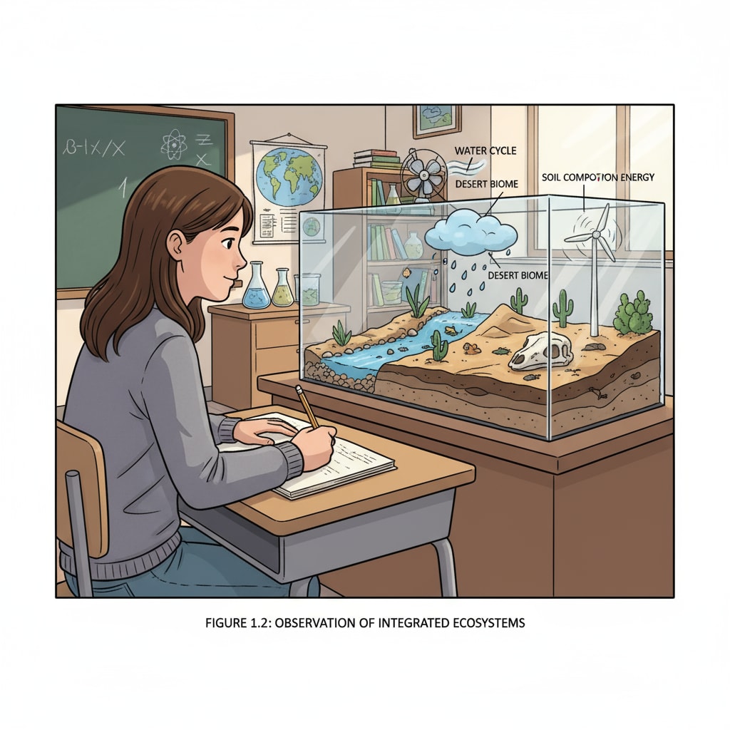 A student is carefully observing a detailed scene set up in a room. There are various objects and elements in the scene, and the student is taking notes. Student practicing observation skills for a career in forensic psychology