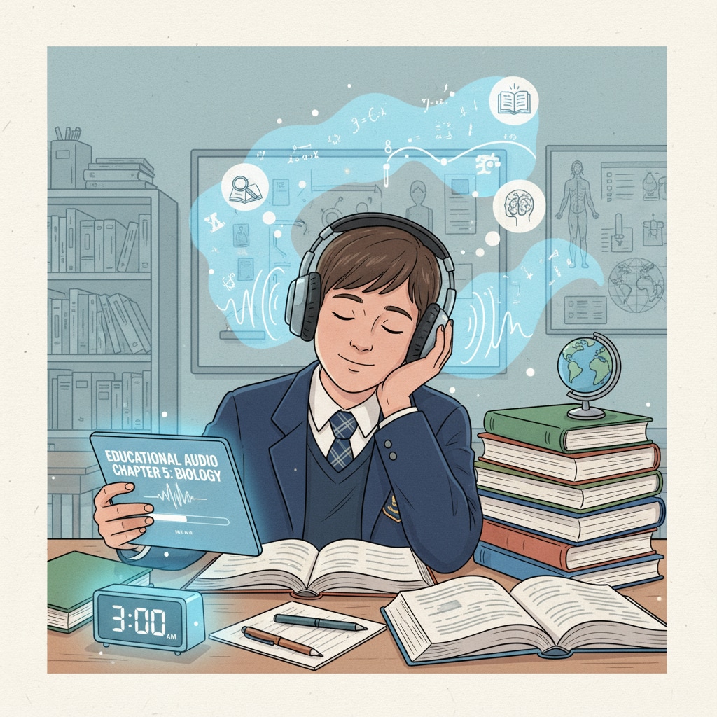 A student is sleeping with a headset on, listening to educational audio, representing the concept of sleep learning. A K12 student engaged in sleep learning through auditory means to enhance memory.