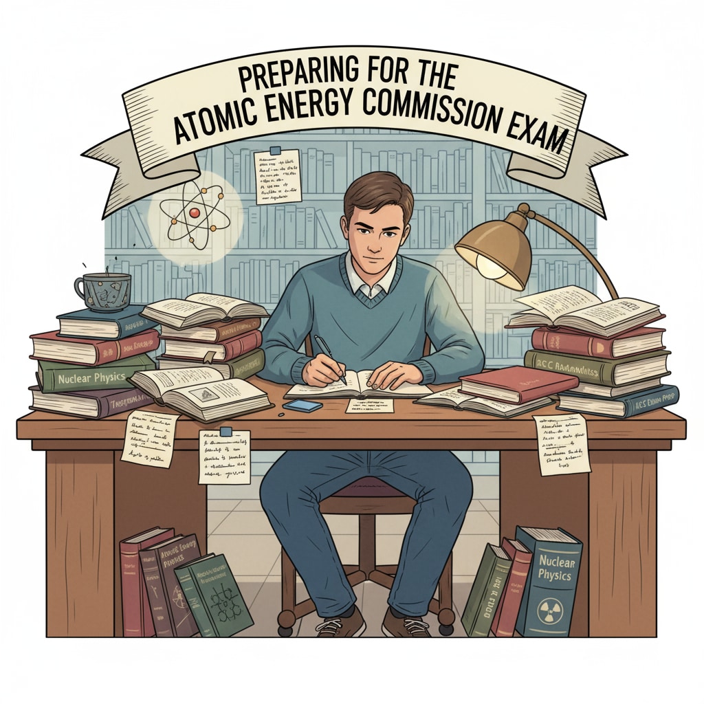 A student is sitting at a desk, surrounded by books and notes related to the Atomic Energy Commission exam. A student studying for the Atomic Energy Commission Junior Executive exam