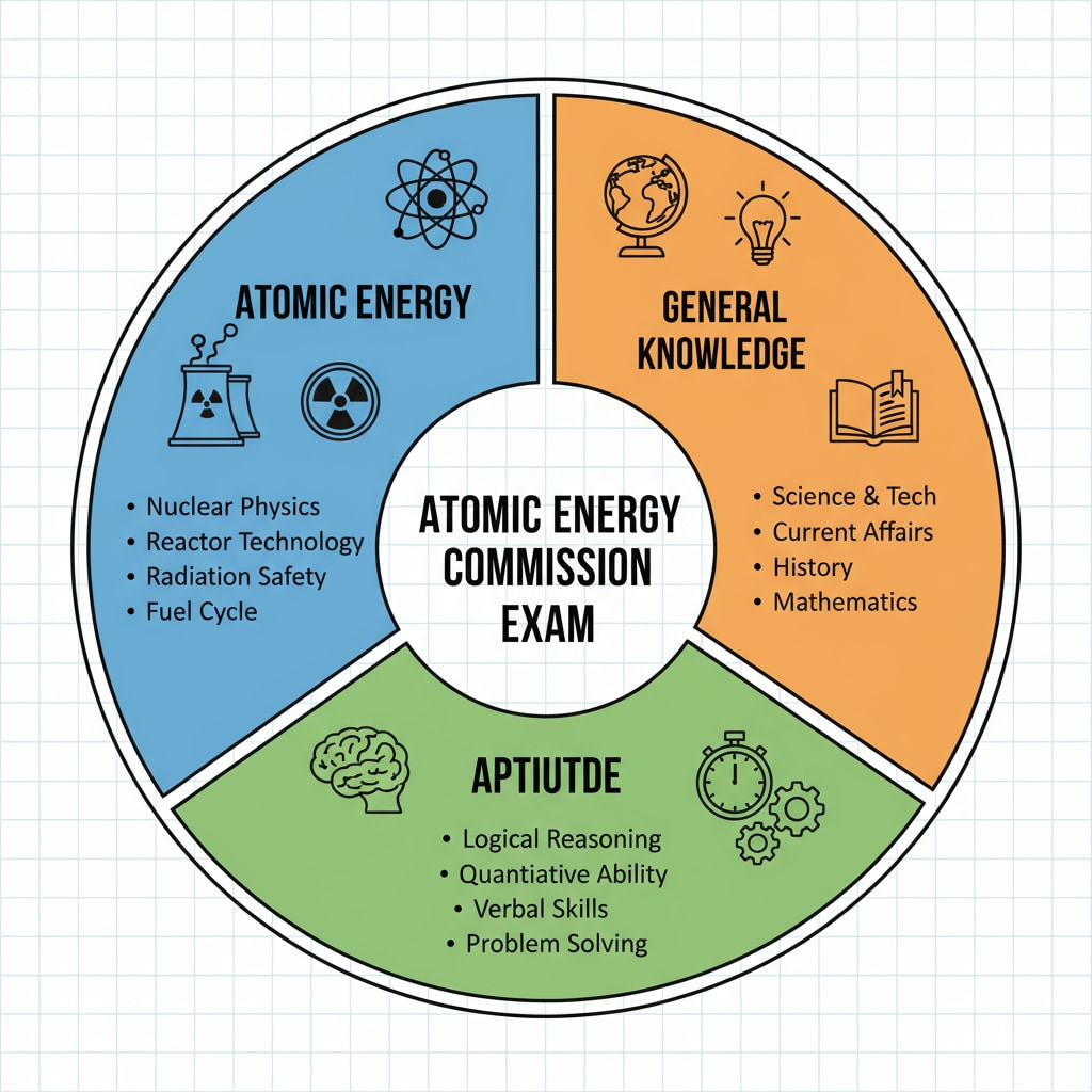 A visual representation of the different sections of the Atomic Energy Commission exam, including atomic energy, general knowledge, and aptitude. Diagram of the Atomic Energy Commission Junior Executive exam structure