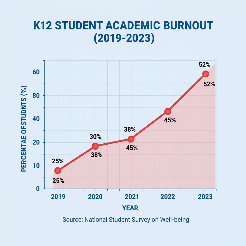 A line graph depicting the percentage of K12 students reporting academic burnout over a period of five years, showing an upward trend. Graph showing the increasing prevalence of academic burnout among K12 students
