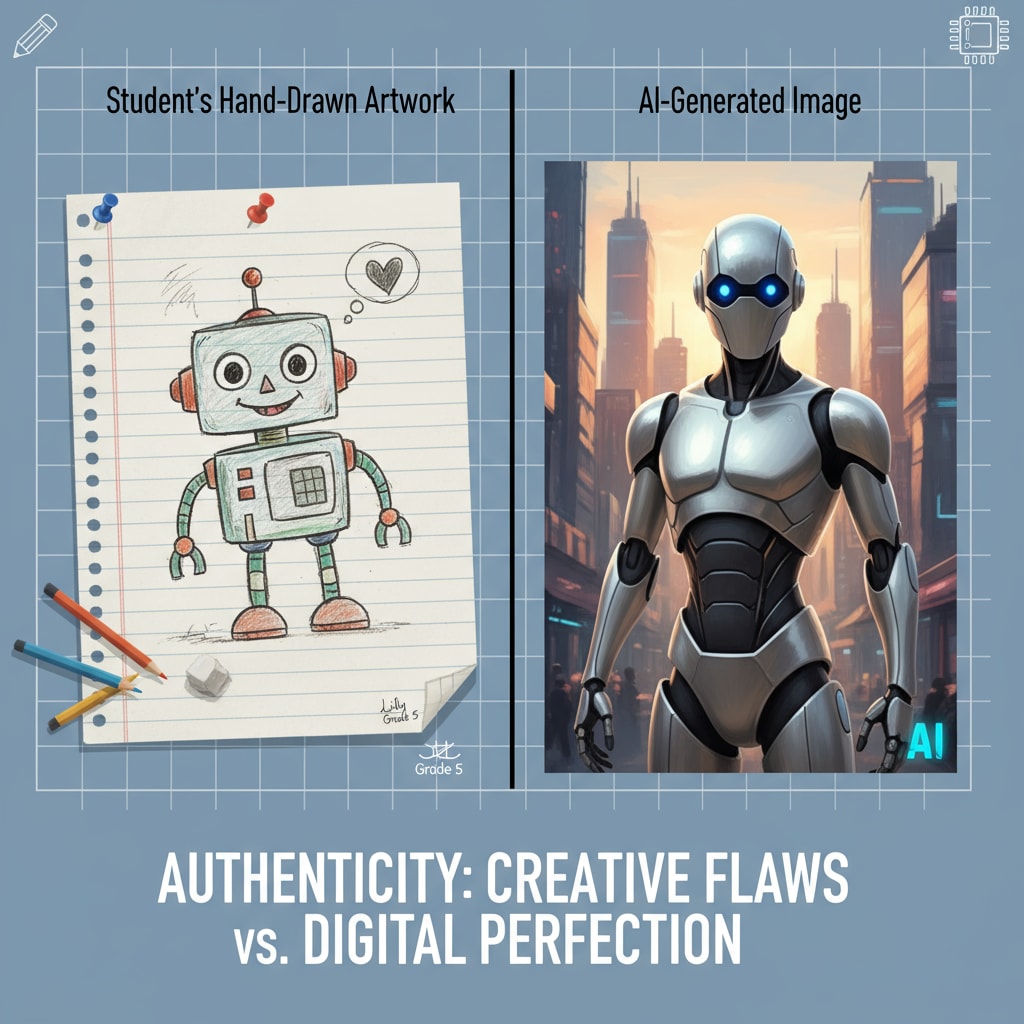 Comparison between student work and AI-generated image, highlighting the digital integrity issues in education.