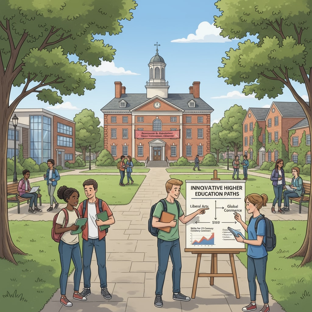 Campus of a liberal arts college relevant to higher education options for Commerce students in career planning.