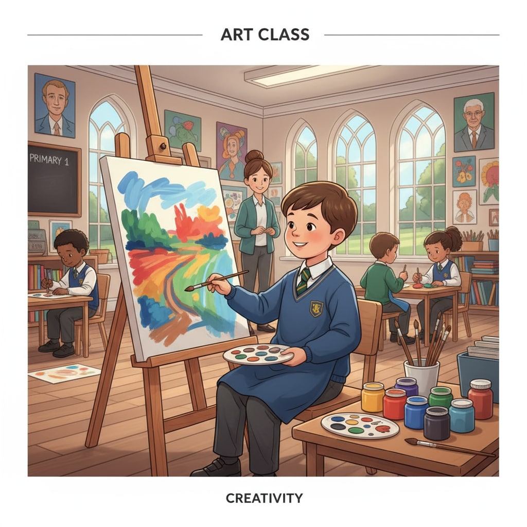 A child demonstrating artistic talent in a British private primary school, relevant to scholarships in private primary schools in British education.