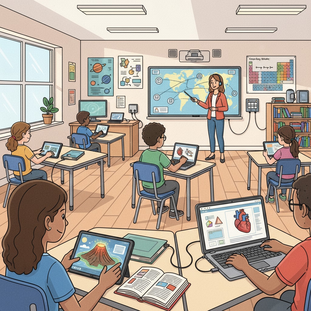 Middle school students engaged in digital age learning in a post-pandemic classroom.