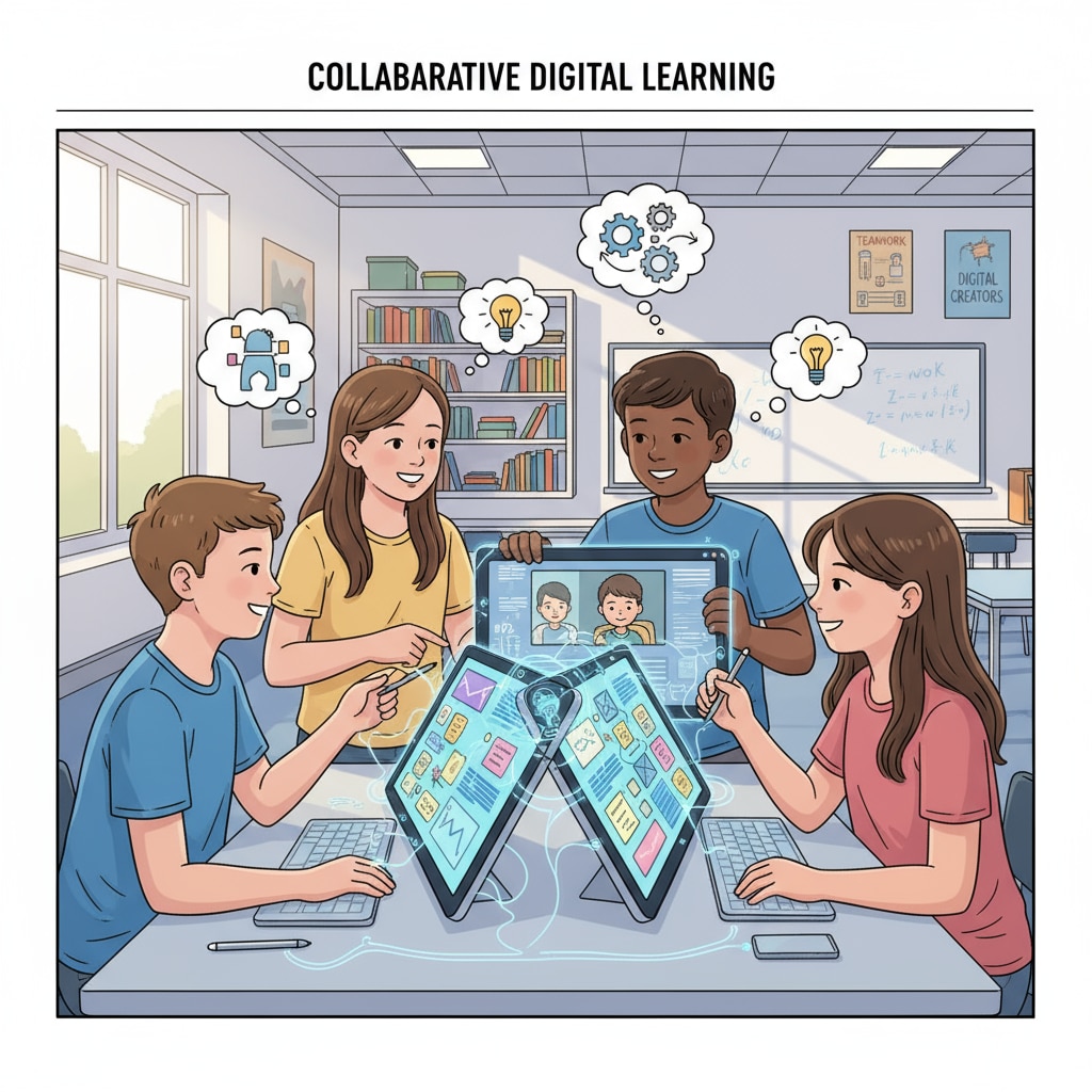 Middle school students collaborating on a digital project in the post-pandemic digital age.