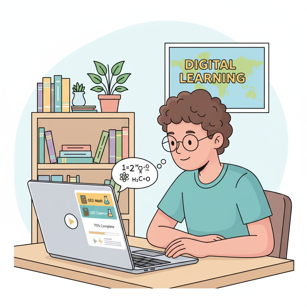 Student studying GED math and science on an online platform