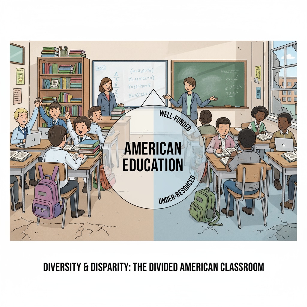 A group of students from different social backgrounds sitting in a classroom, representing the diverse yet unequal American education system Students in an American classroom showing social class differences in the education system