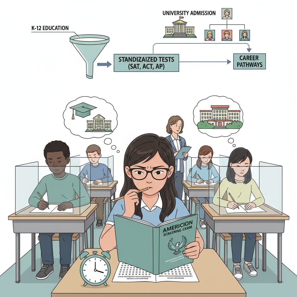A student taking a standardized test in a classroom, highlighting the role of such tests in the American education screening process Student taking a standardized test in the American education system screening context