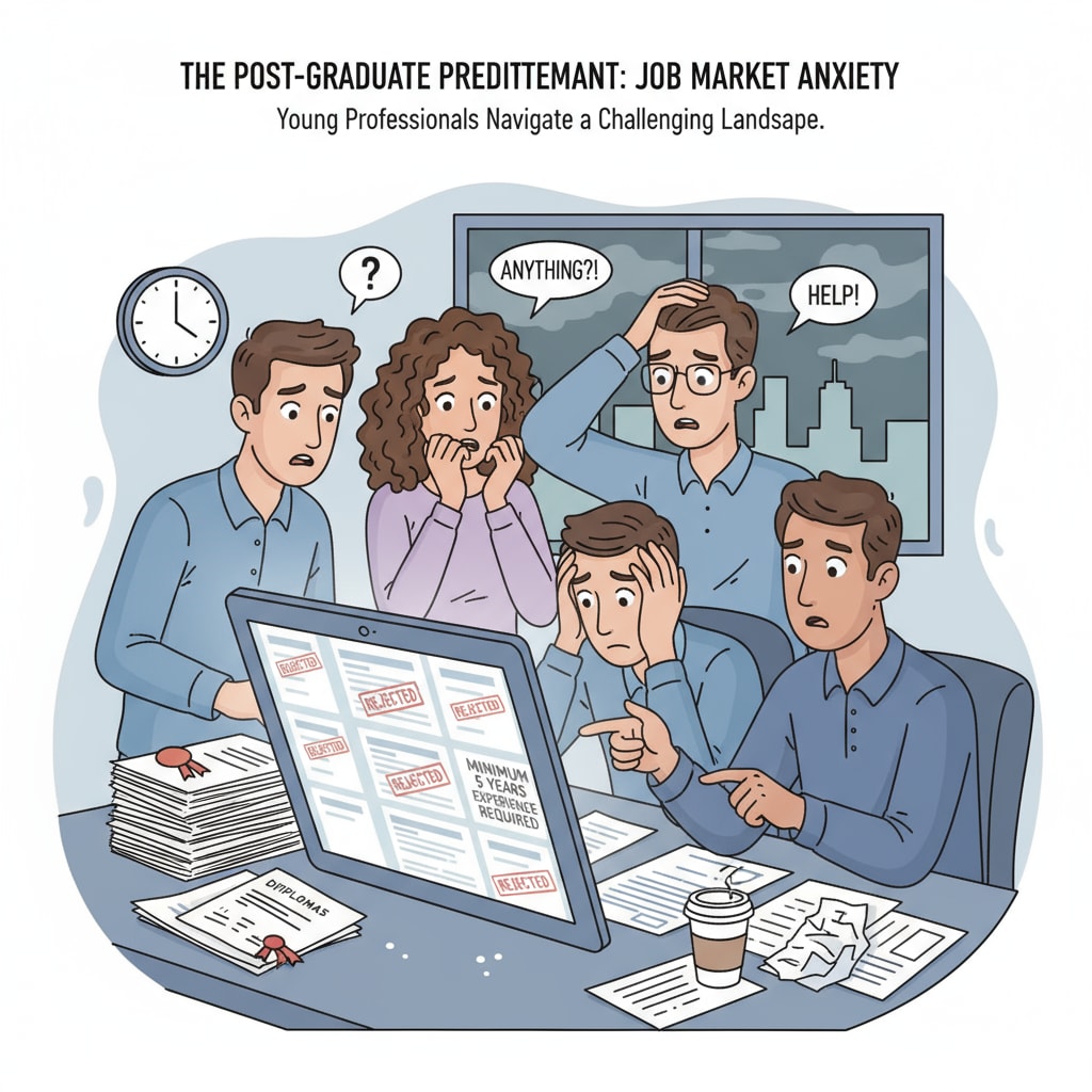 Young graduates facing challenges in the job market related to their university degrees and career development.