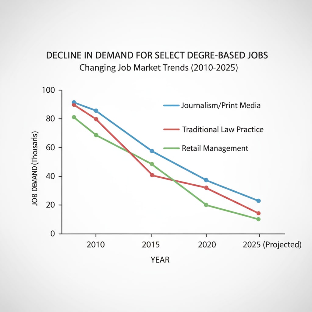 Graph presenting the decreasing demand for jobs related to specific university degrees in the 2025 job market.