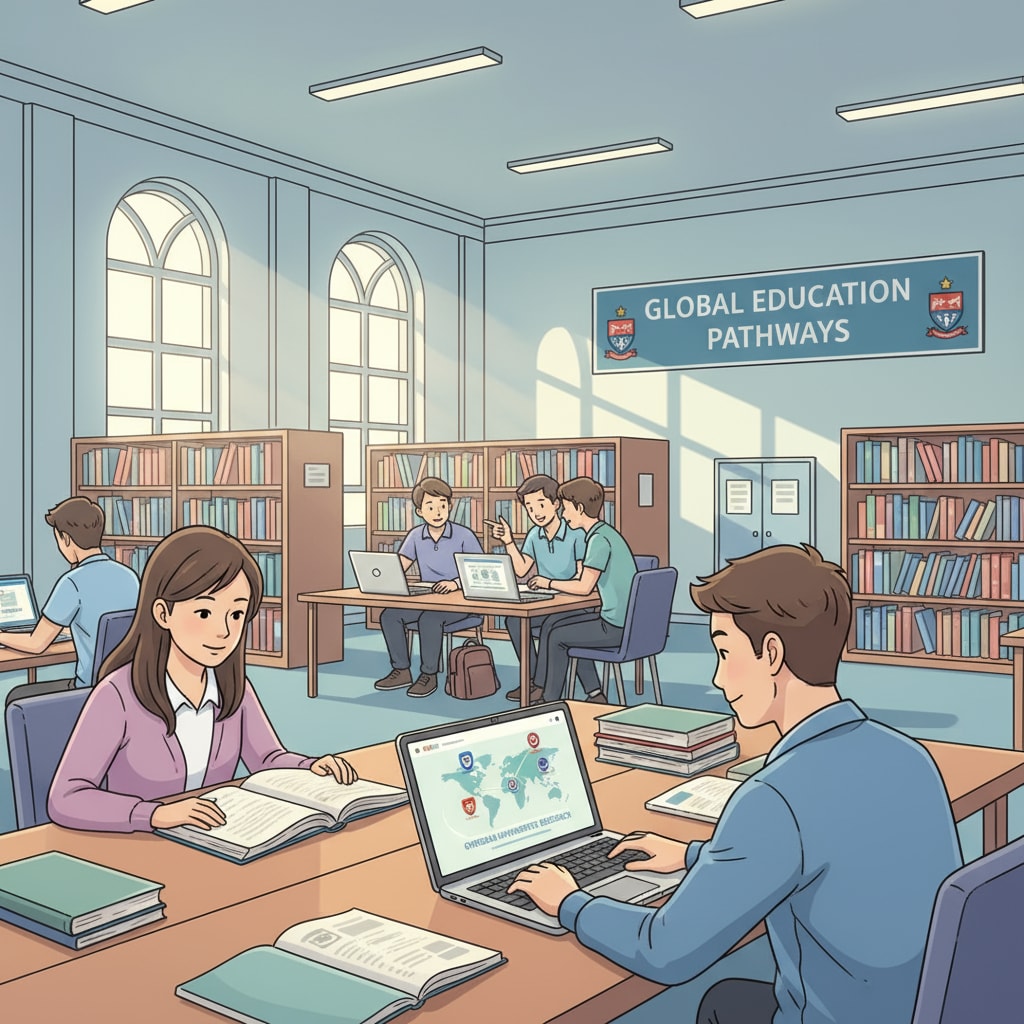 Students are sitting in the library, looking at books and using laptops to research different overseas universities. Students researching overseas universities in the library for applications, scholarships, and extracurriculars