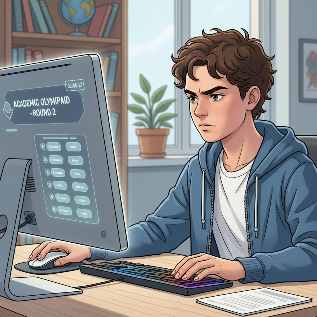 A student is sitting in front of a computer, participating in an online academic competition with a focused expression. Student participating in an online academic competition for overseas university applications, scholarships, and extracurriculars