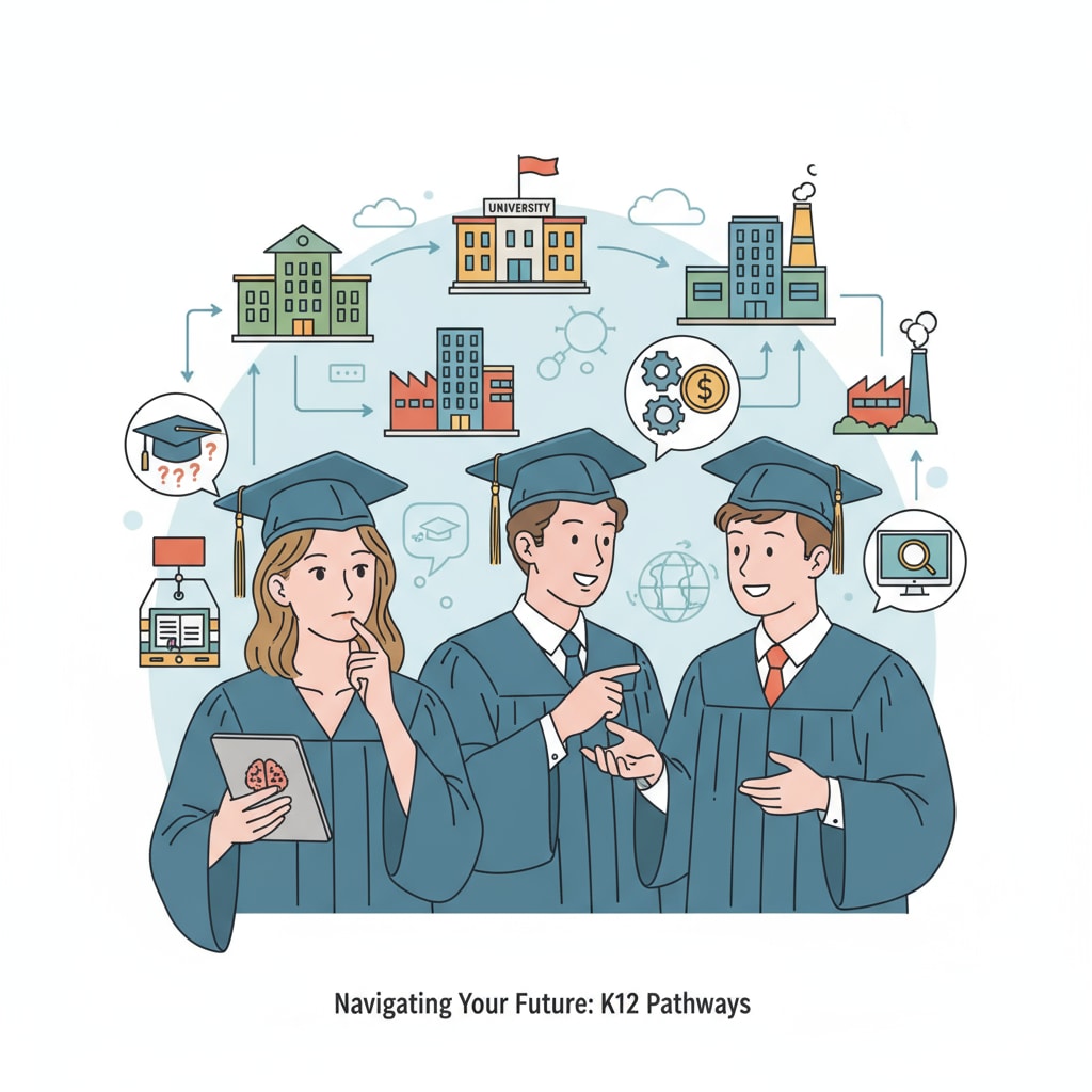 A group of K12 graduates are gathered together, some looking thoughtful, others engaged in animated discussions about their future career paths, such as whether to continue studying or start working. K12 graduates discussing their career choices related to educational upgrade and direct employment